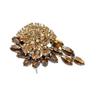 Vintag Dark Topaz Amber Stylized Leaf Spray  Rhinestone Brooch possibly Juliana